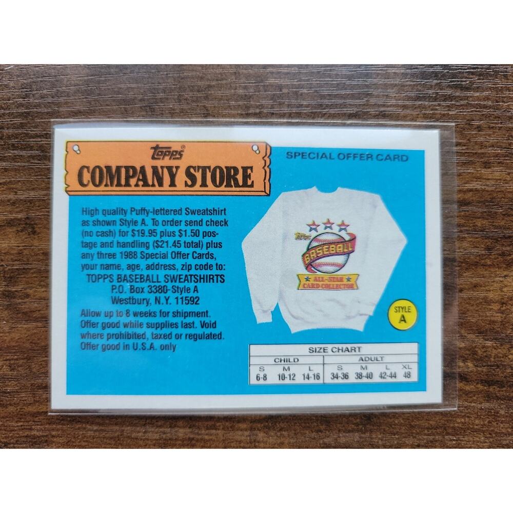 1988 Topps Big Insert - Company Store Sweatshirt Style A - MLB - Fresh Pull
